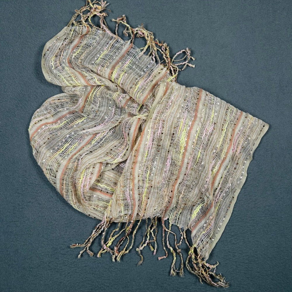 Unbranded Scarf Womens OS Multicolor Striped Open Weave Boho Fringe Shawl